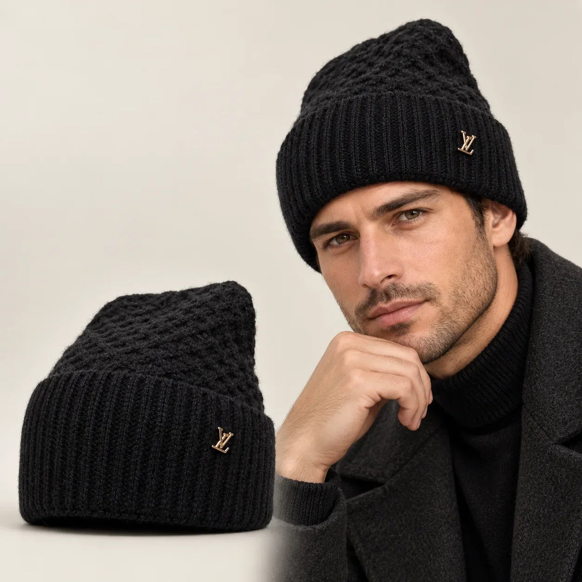 Knit Beanie worn by an adult model, with matching hat close-up