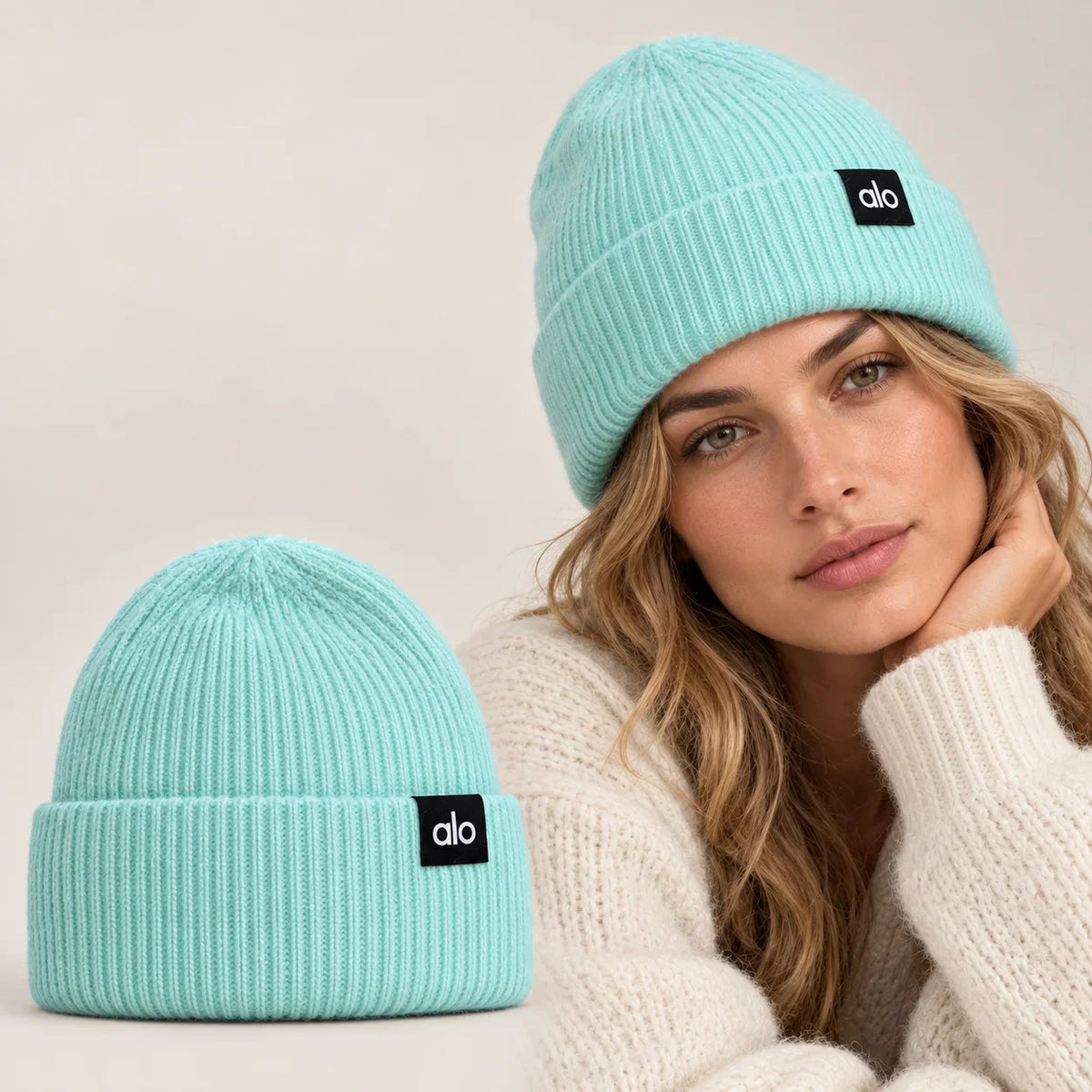 Knit Beanie worn by an adult model, with matching hat close-up