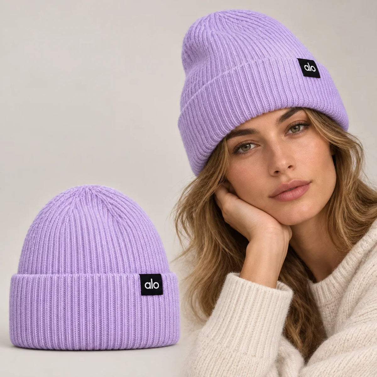 Knit Beanie worn by an adult model, with matching hat close-up