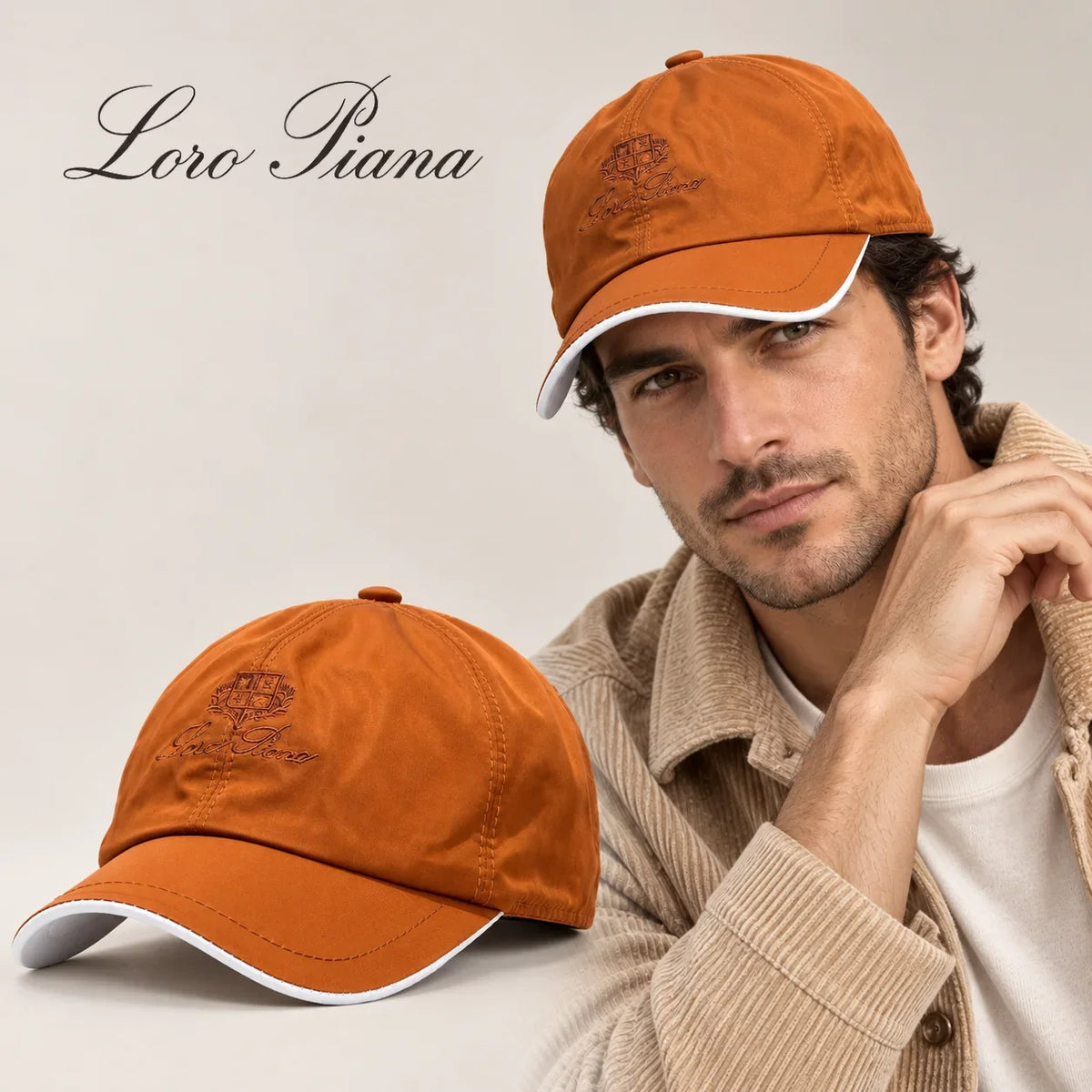 Loro Piana Baseball Cap worn by an adult model, with matching hat close-up