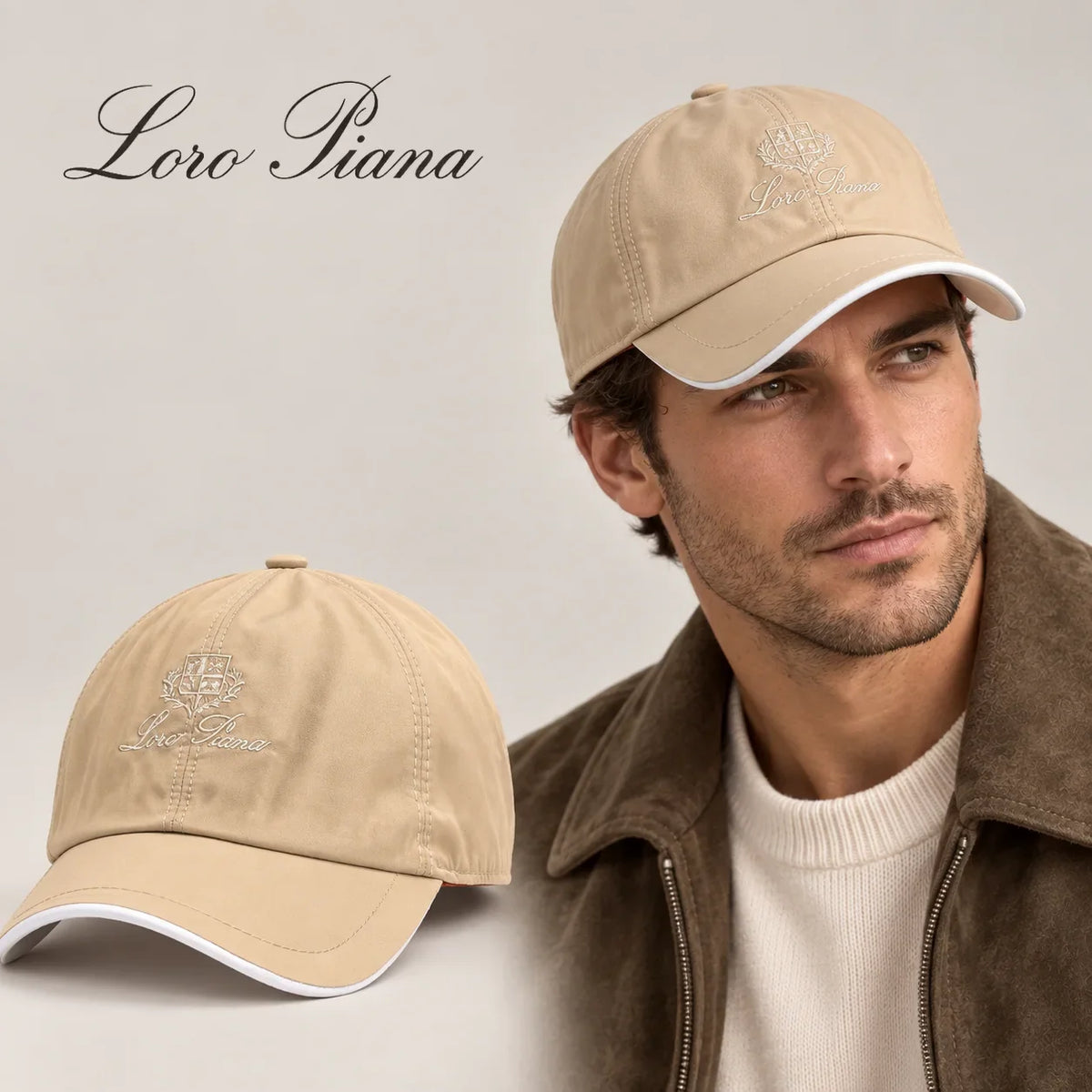 Loro Piana Baseball Cap worn by an adult model, with matching hat close-up