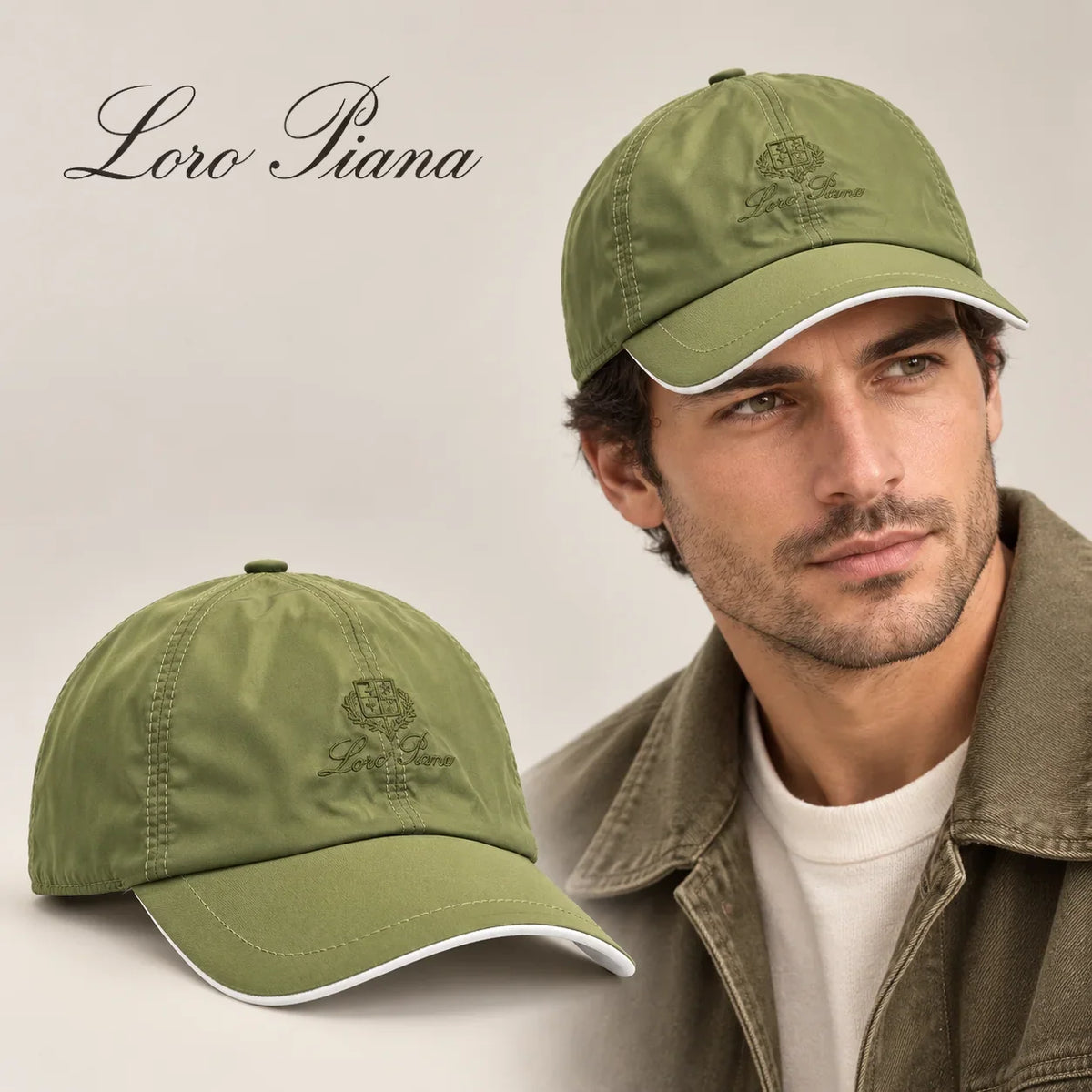 Loro Piana Baseball Cap worn by an adult model, with matching hat close-up