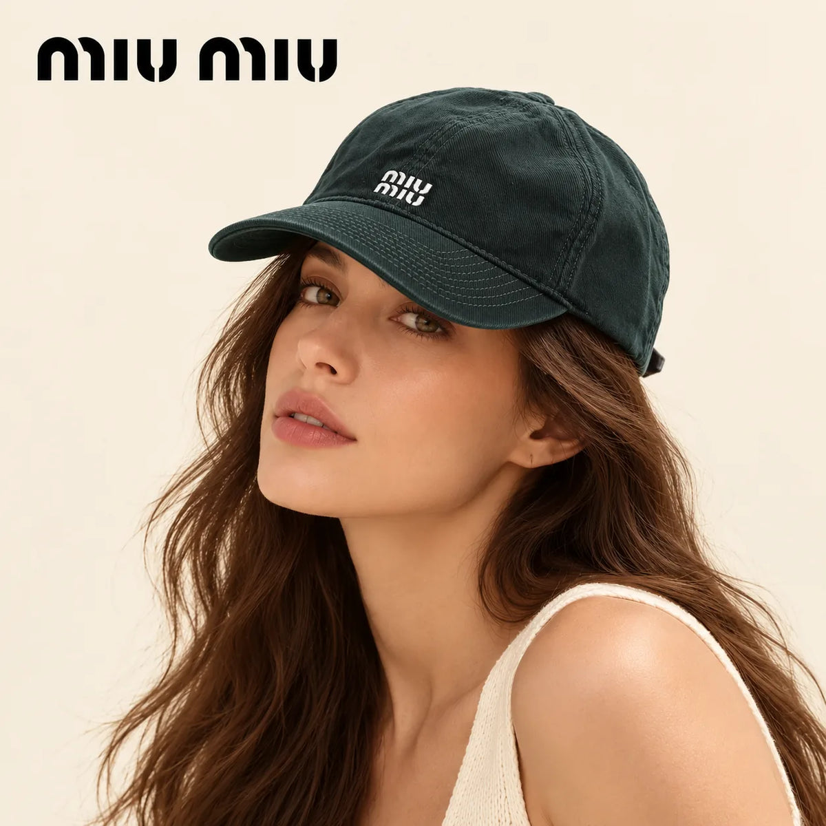 Model wearing Miu Miu Embroidered Baseball Cap