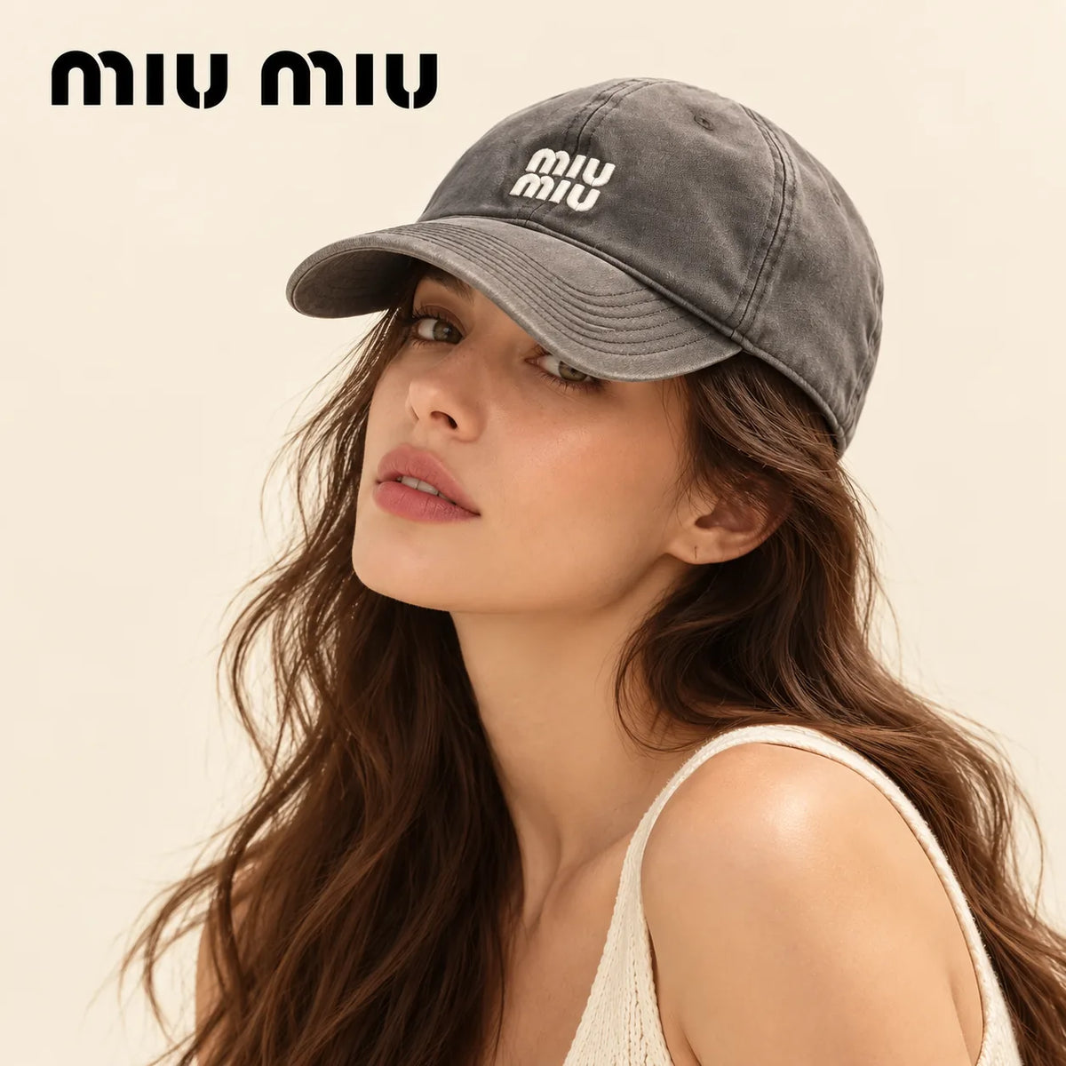 Model wearing Miu Miu Embroidered Baseball Cap