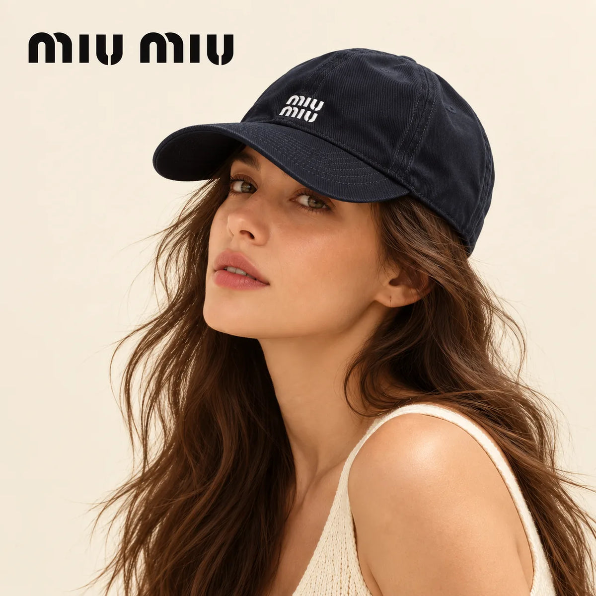Model wearing Miu Miu Embroidered Baseball Cap