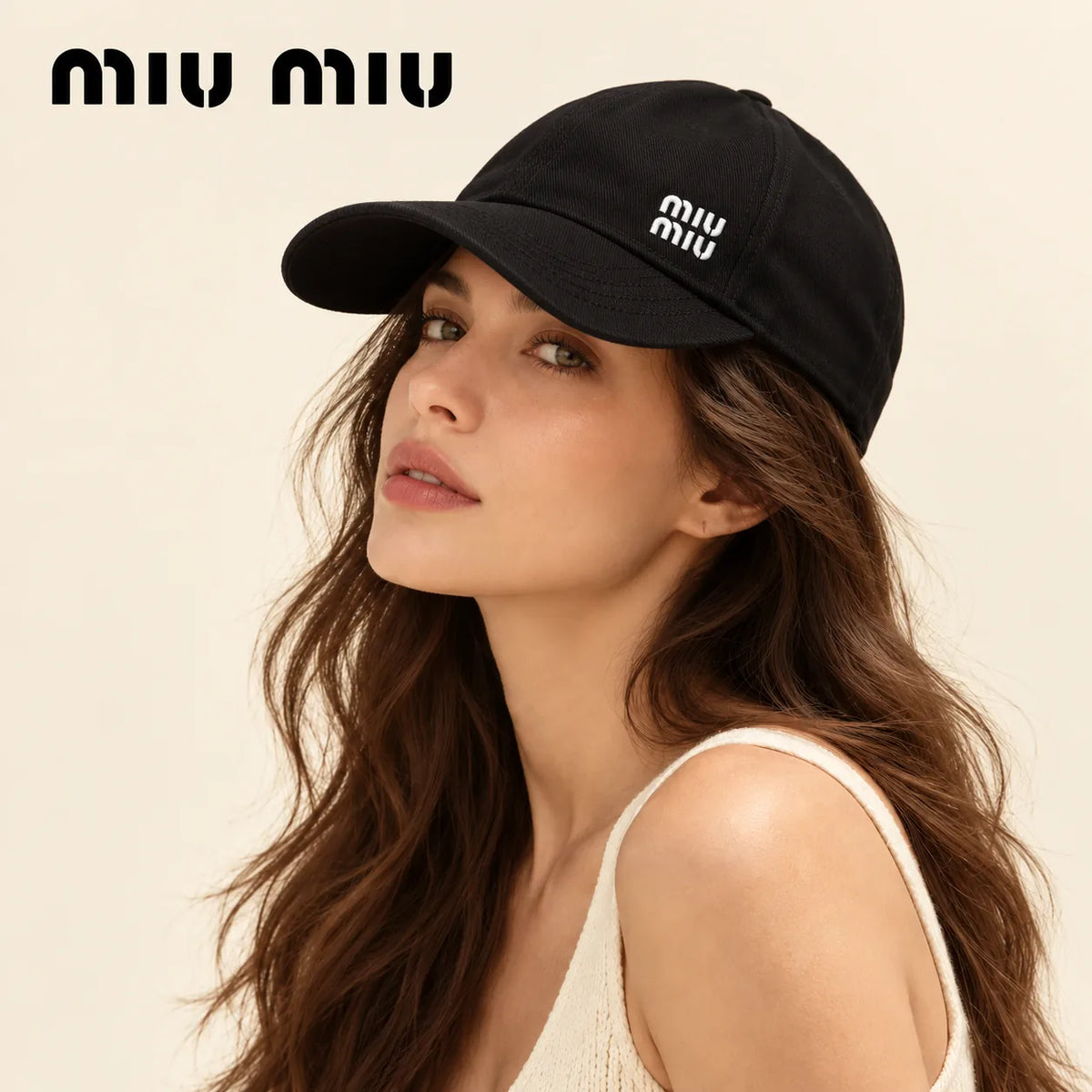 Model wearing Miu Miu Embroidered Baseball Cap