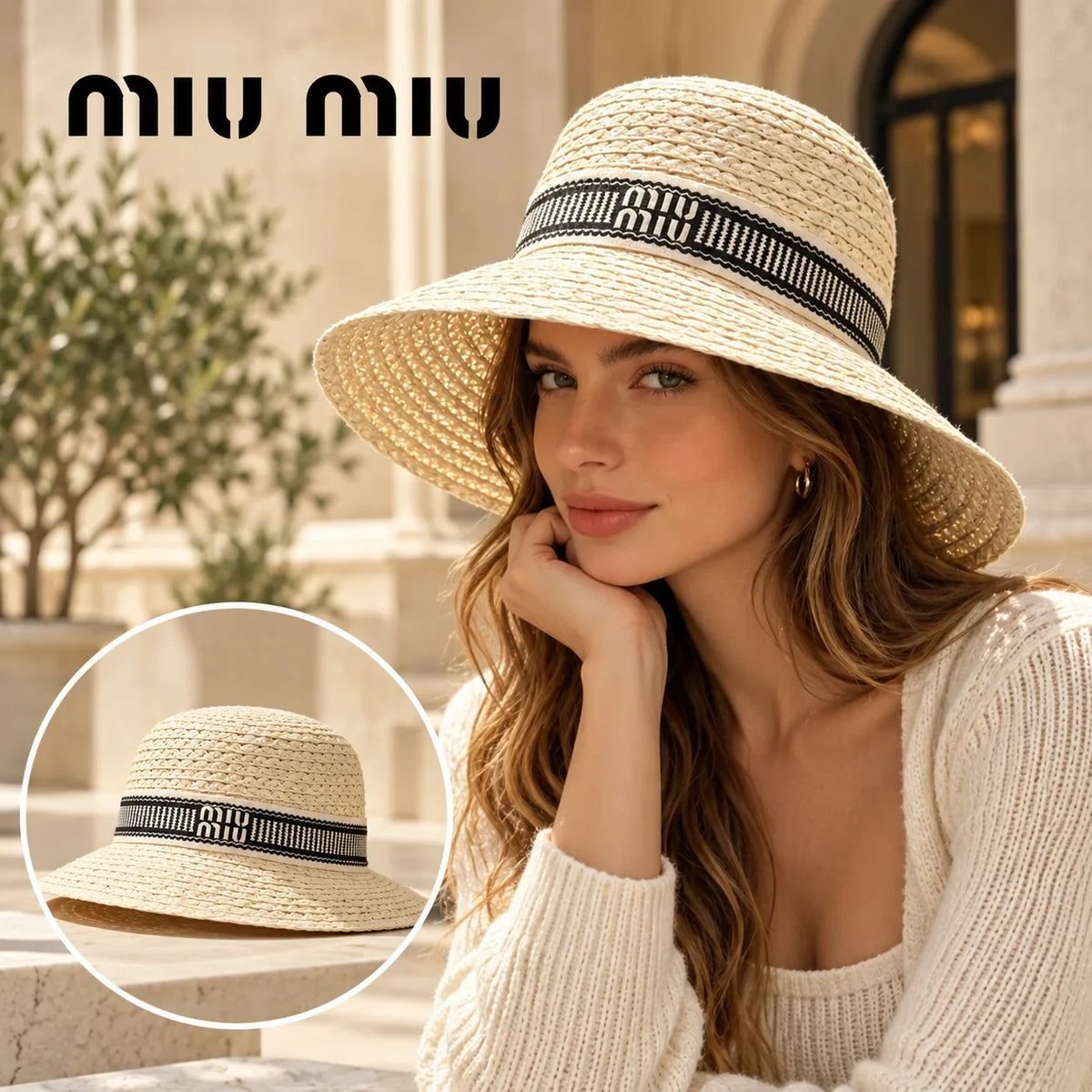 Miu Miu Miu Miu Woven Open Knit Bucket Hat worn by a Western model with product detail inset