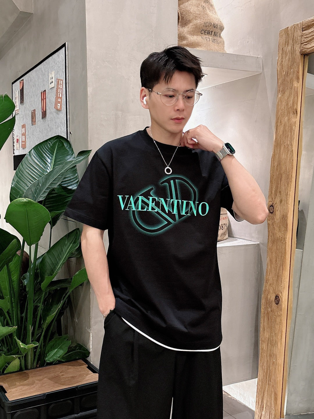 Valentino Logo T-Shirt with Green Emblem, Black, product gallery image 1