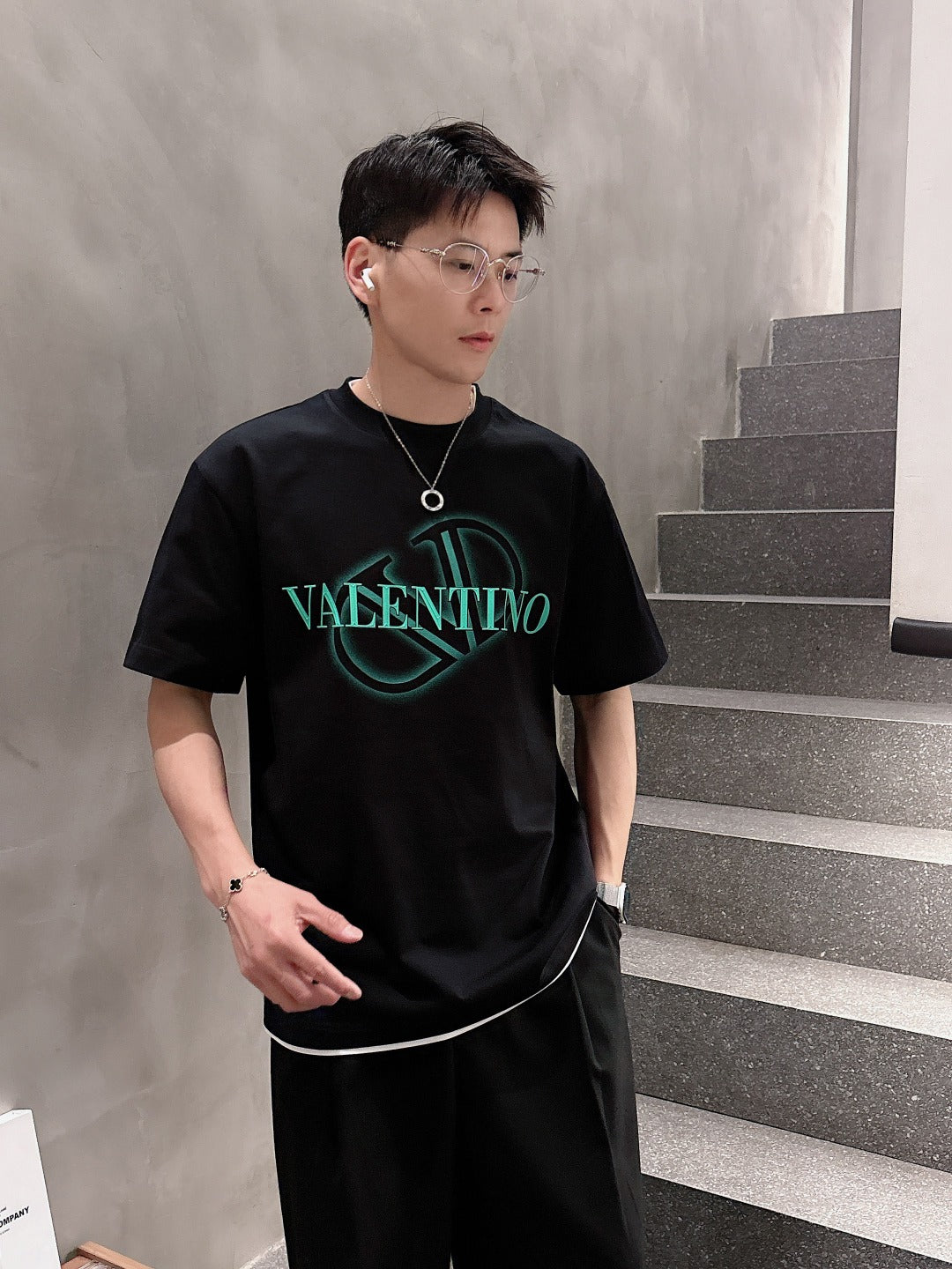 Valentino Logo T-Shirt with Green Emblem, Black, product gallery image 4