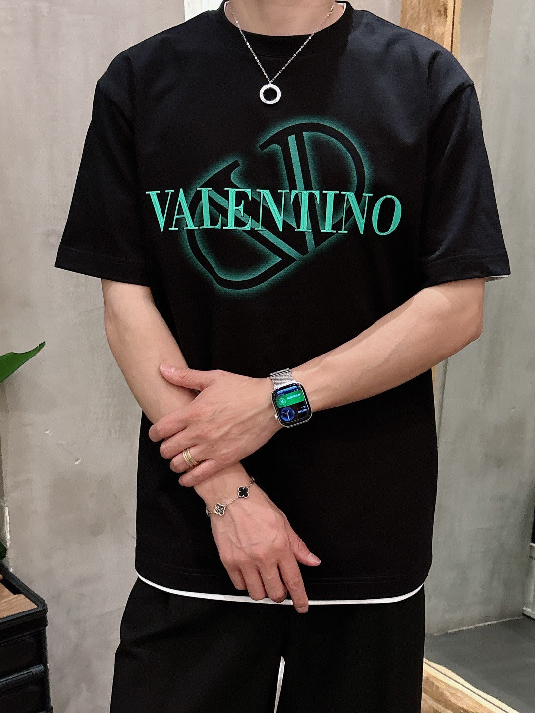 Valentino Logo T-Shirt with Green Emblem, Black, product gallery image 3
