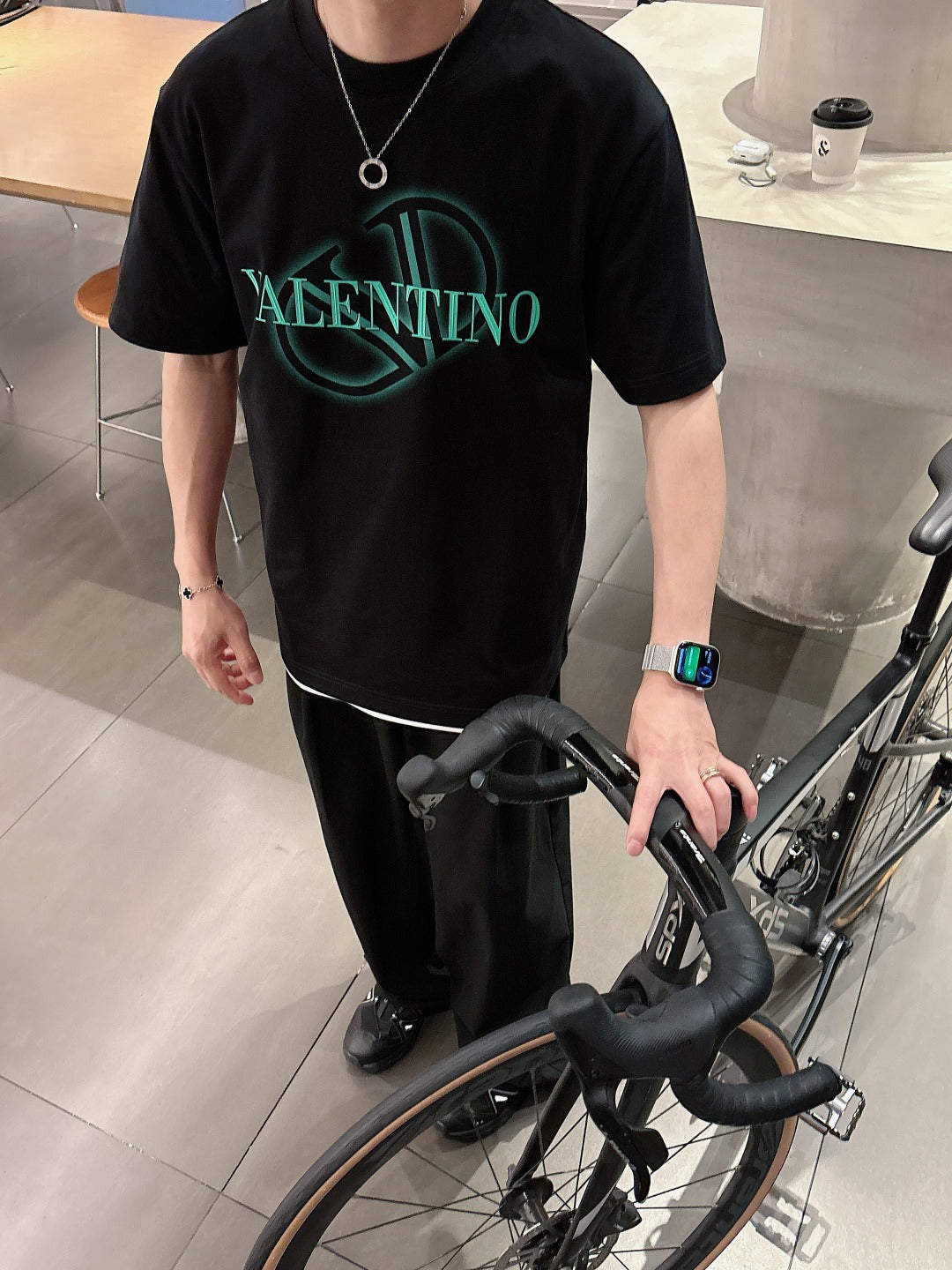 Valentino Logo T-Shirt with Green Emblem, Black, product gallery image 6