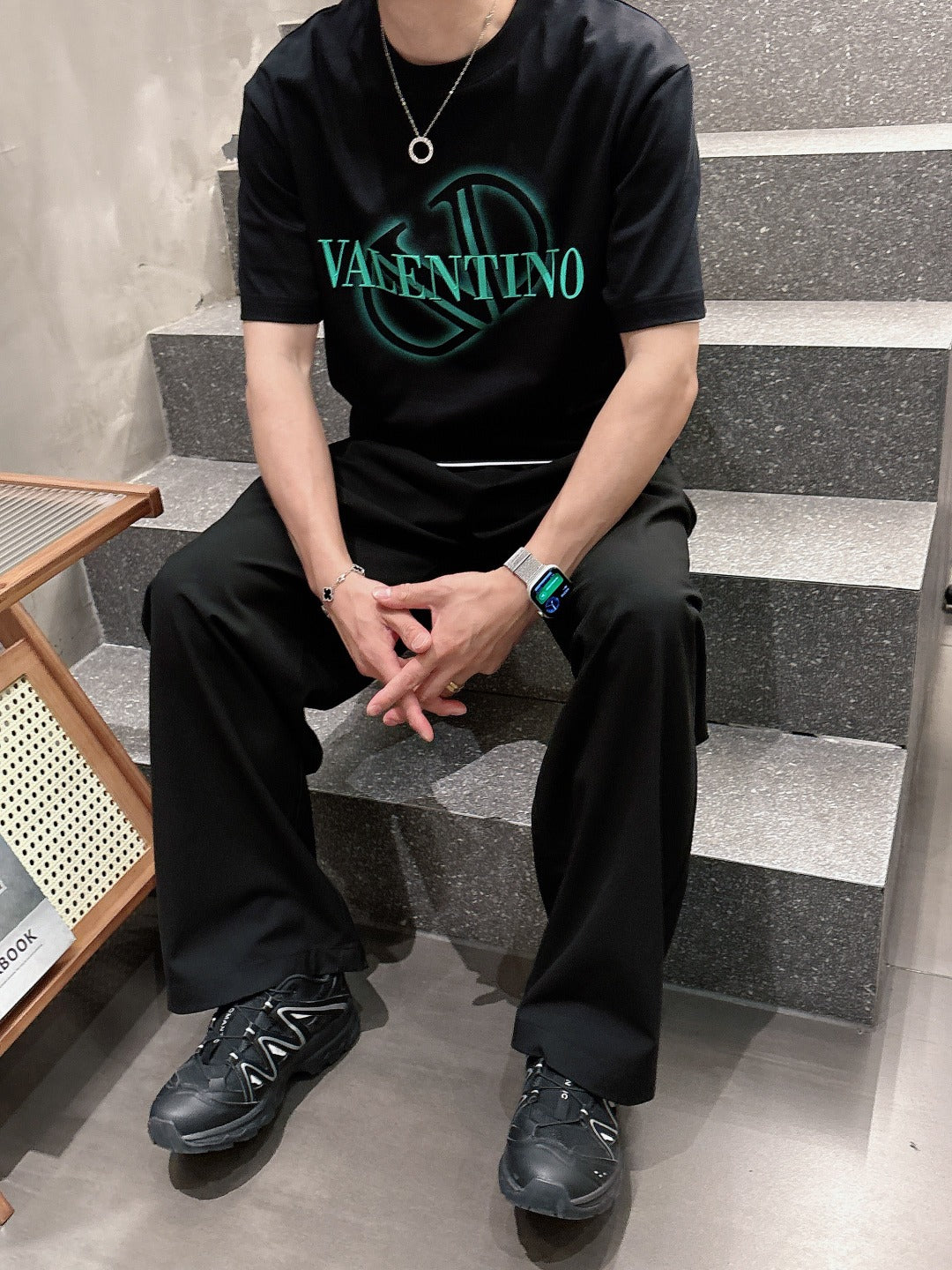 Valentino Logo T-Shirt with Green Emblem, Black, product gallery image 5