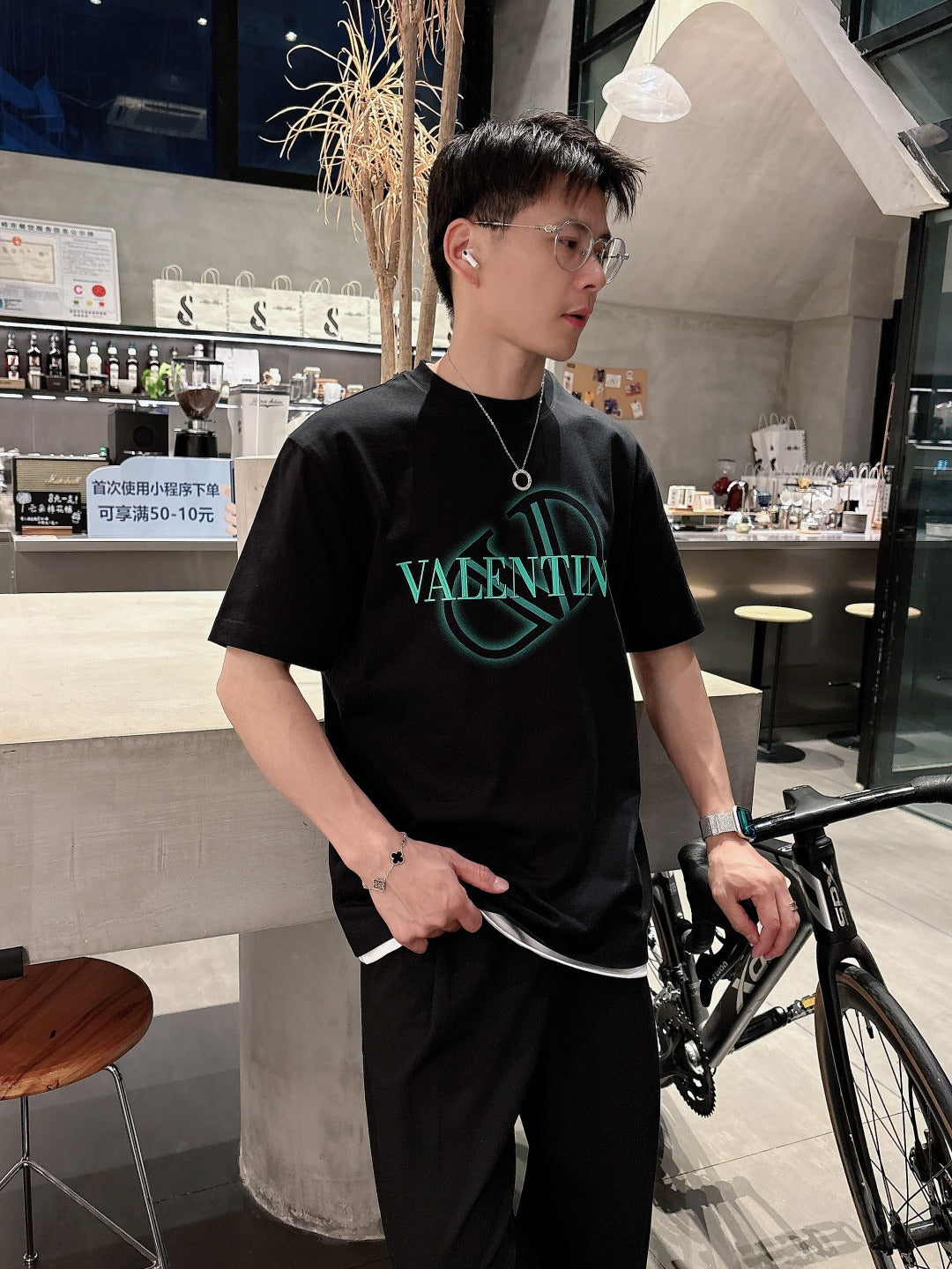 Valentino Logo T-Shirt with Green Emblem, Black, product gallery image 7