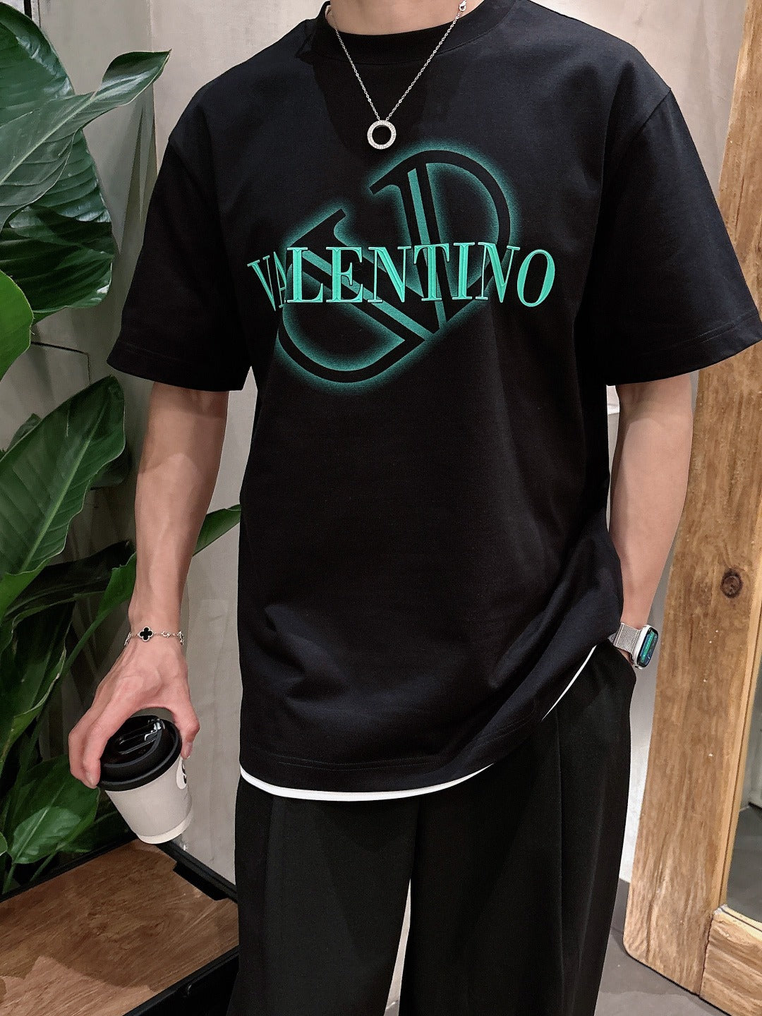 Valentino Logo T-Shirt with Green Emblem, Black, product gallery image 8