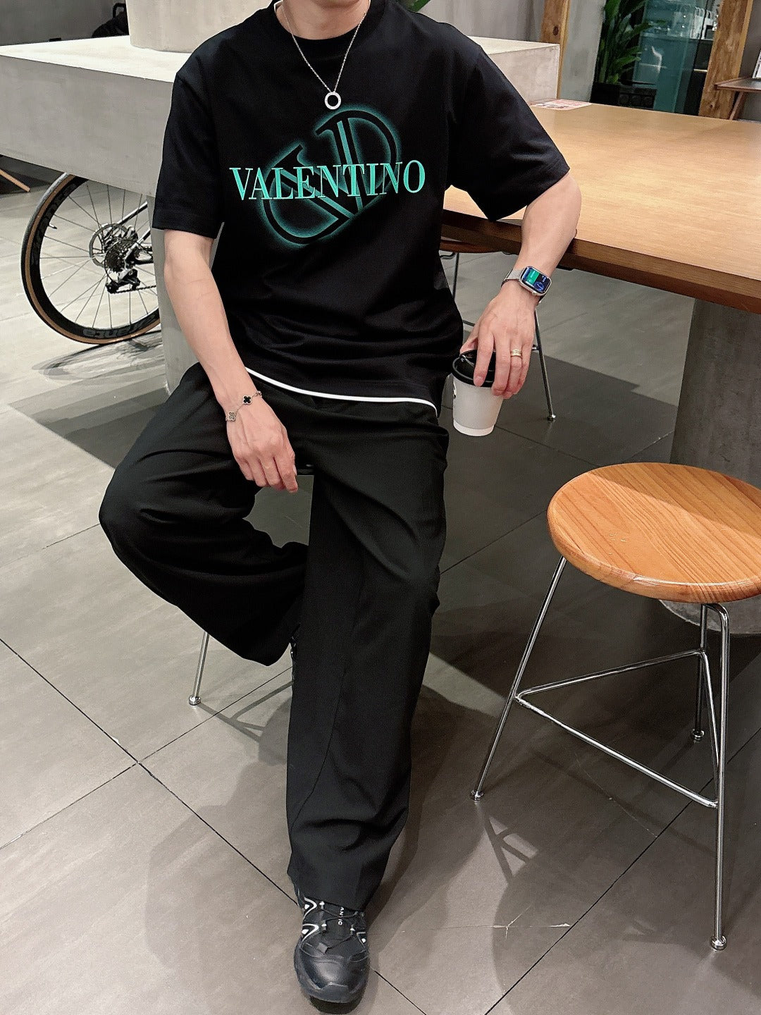 Valentino Logo T-Shirt with Green Emblem, Black, product gallery image 11
