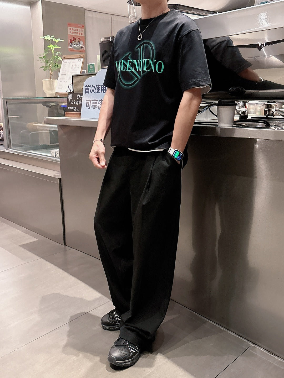 Valentino Logo T-Shirt with Green Emblem, Black, product gallery image 9