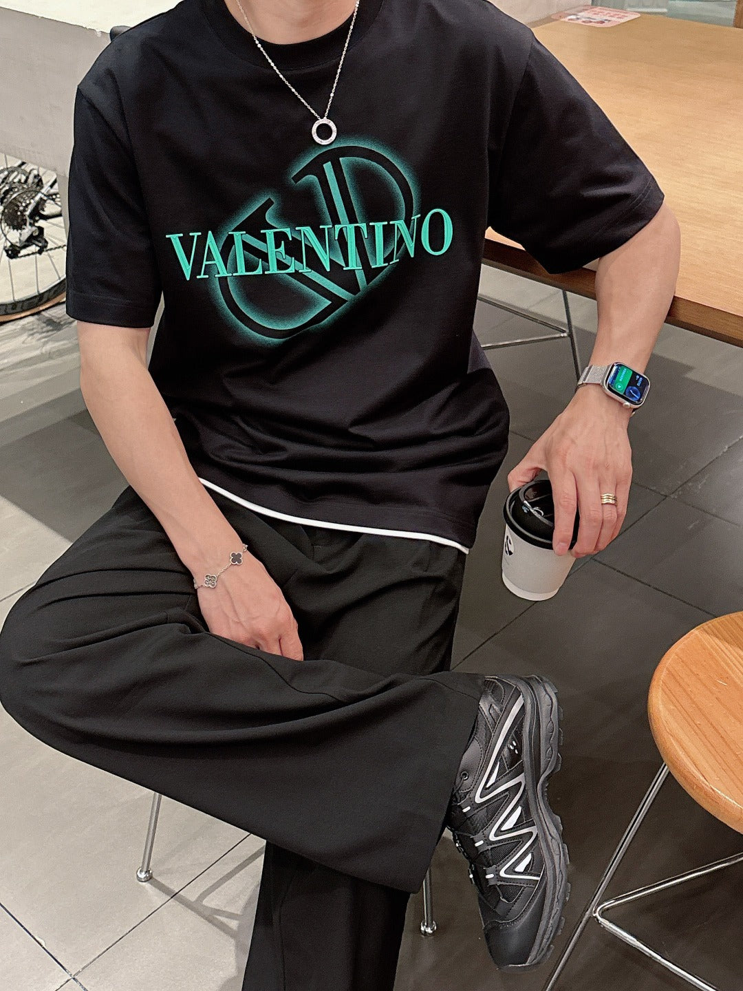 Valentino Logo T-Shirt with Green Emblem, Black, product gallery image 12