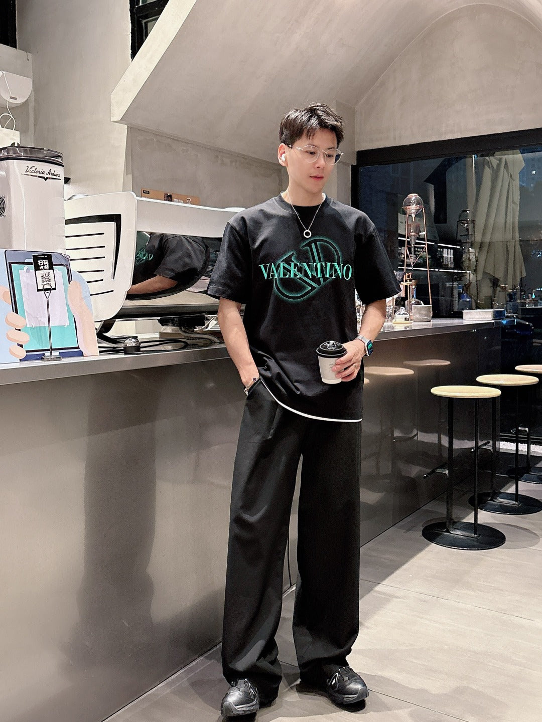 Valentino Logo T-Shirt with Green Emblem, Black, product gallery image 13