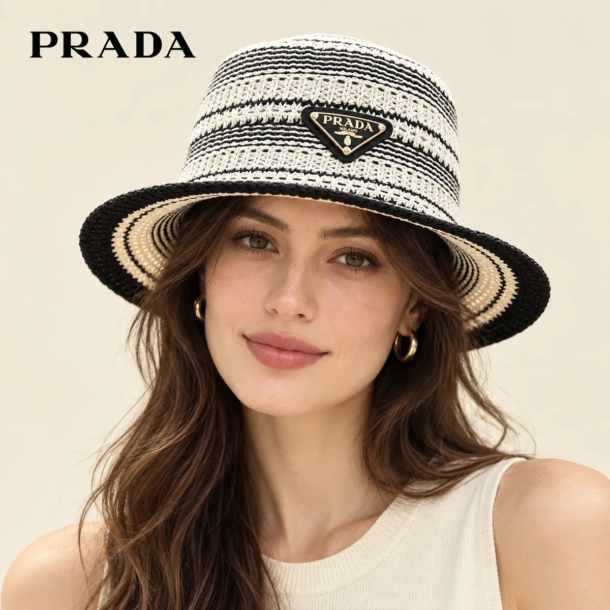 Model wearing prada hat on head