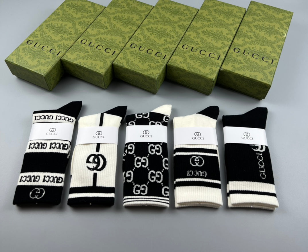Gucci Cotton Mixed Monogram-Style Patterns And Wordmarks Crew Socks - 5-Pair Set