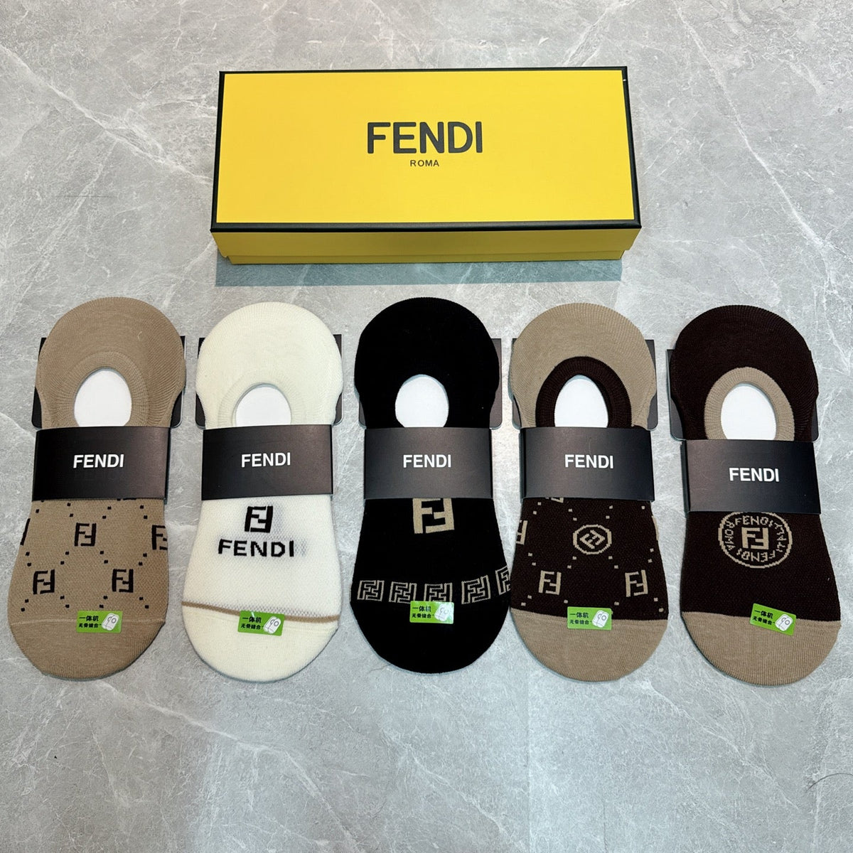 Fendi Cotton Visible Logo, Stripe Or Motif Details No-Show Socks - 5-Pair Set