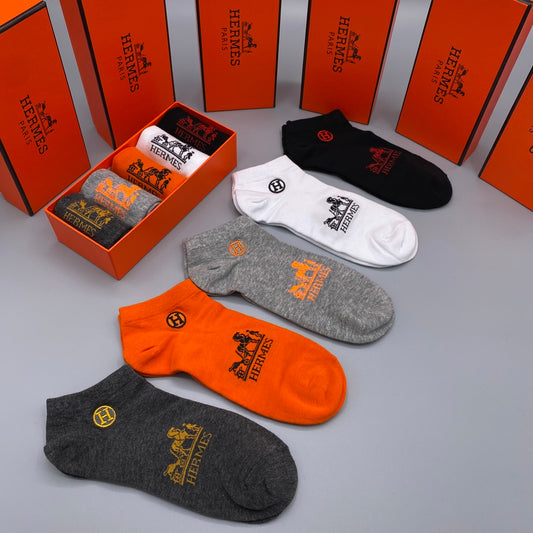 Hermes Logo No-Show Ankle Socks - 5-Pair Box