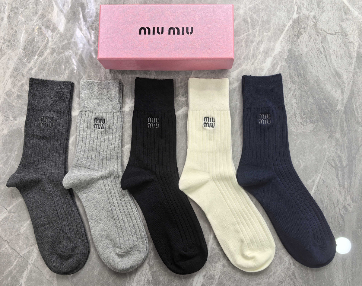 Miu Miu Cotton Mixed Neutral Logo Detail Crew Socks - 5-Pair Set