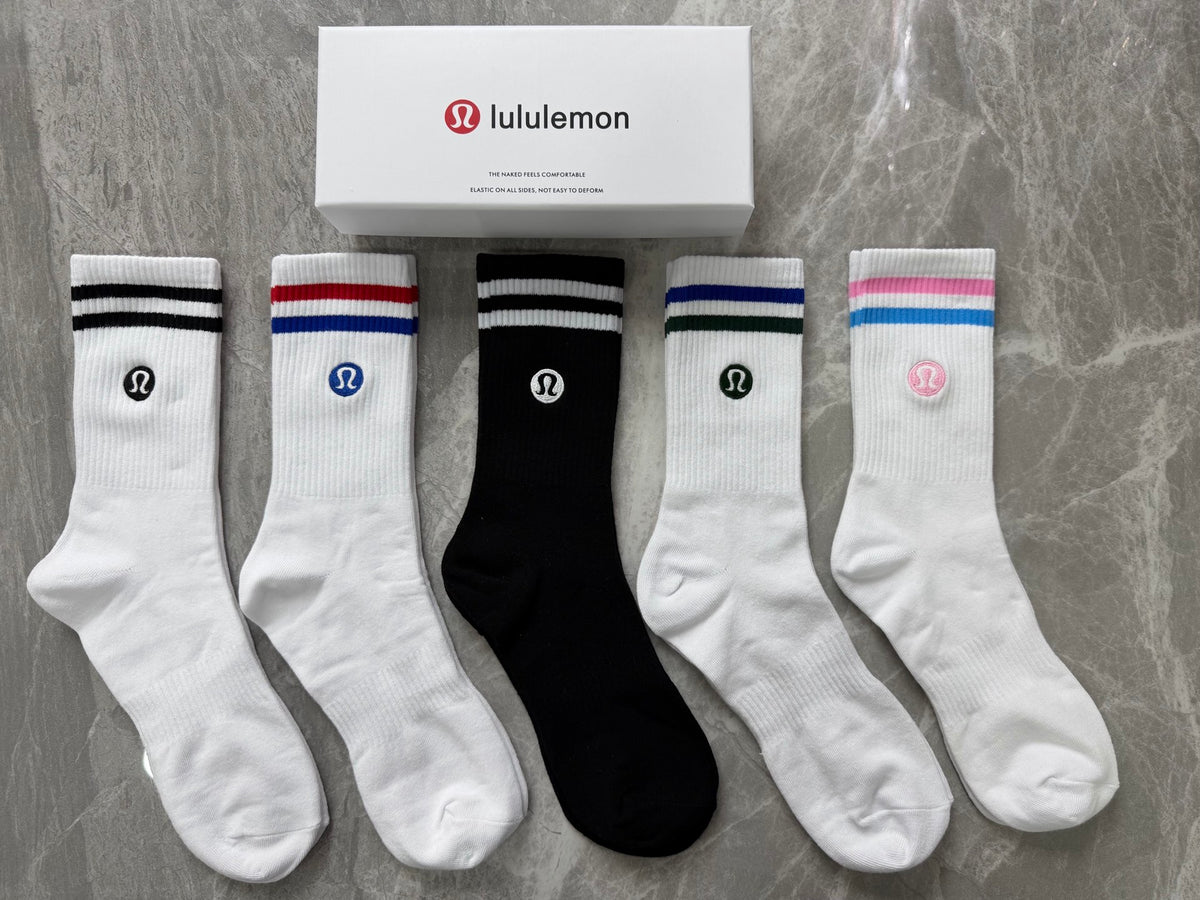 Lululemon Stripe Accents And Small Round Emblems Crew Socks - 5-Pair Set