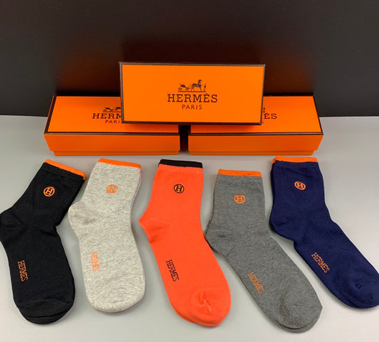Hermes Cotton Small Embroidered Logo Details Crew Socks - 5-Pair Set