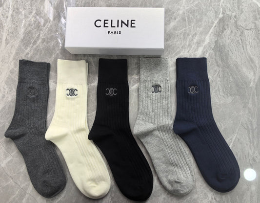 Celine Small Initial Details Crew Socks - 5-Pair Set