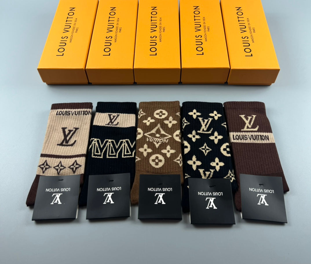 Louis Vuitton Cotton Varied Monogram-Style Motifs Crew Socks - 5-Pair Set