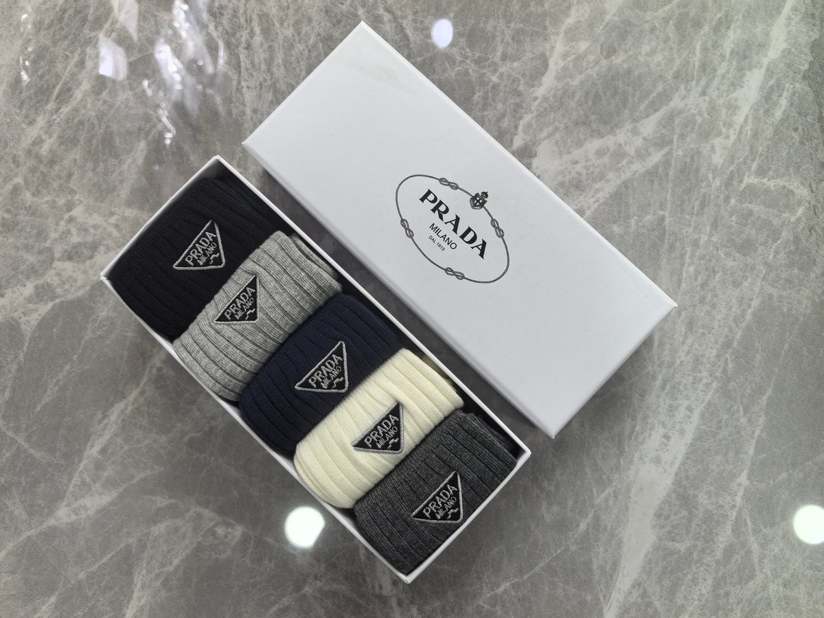 Prada Cotton Mixed Neutral Logo Detail Crew Socks - 5-Pair Set