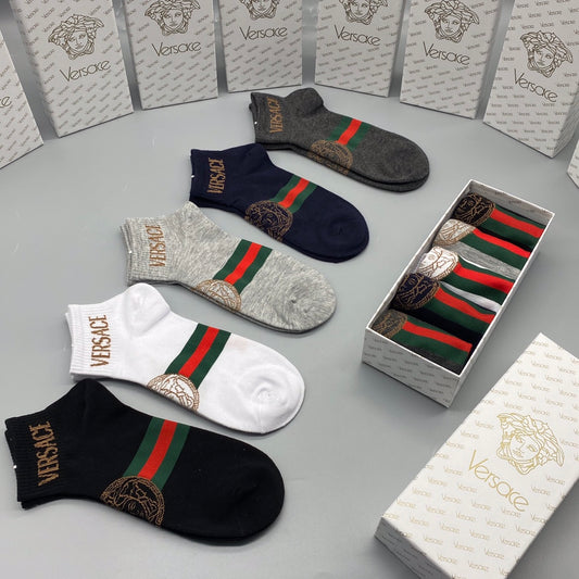 Versace Combed cotton Red-And-Green Stripe Accents Ankle Socks - 5-Pair Set