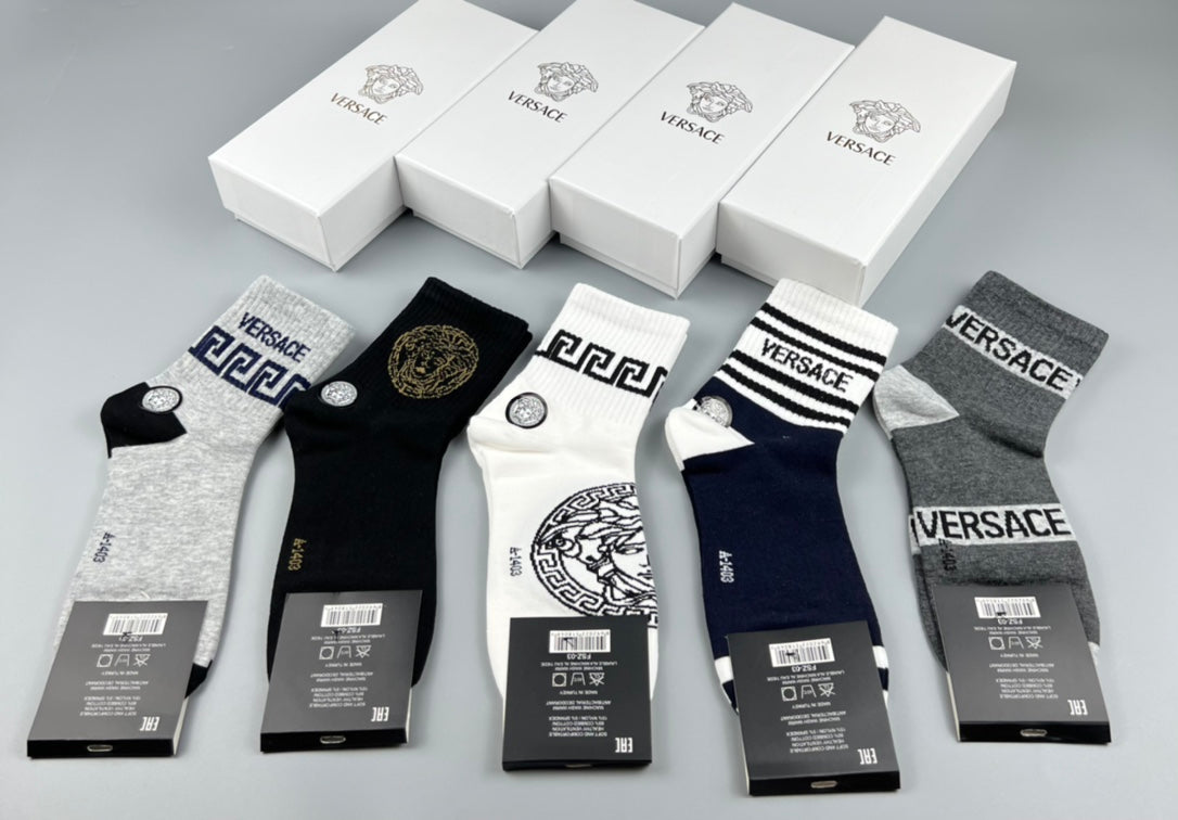 Versace Cotton blend Bold Lettering And Greek-Key Details Ankle Socks - 5-Pair Set