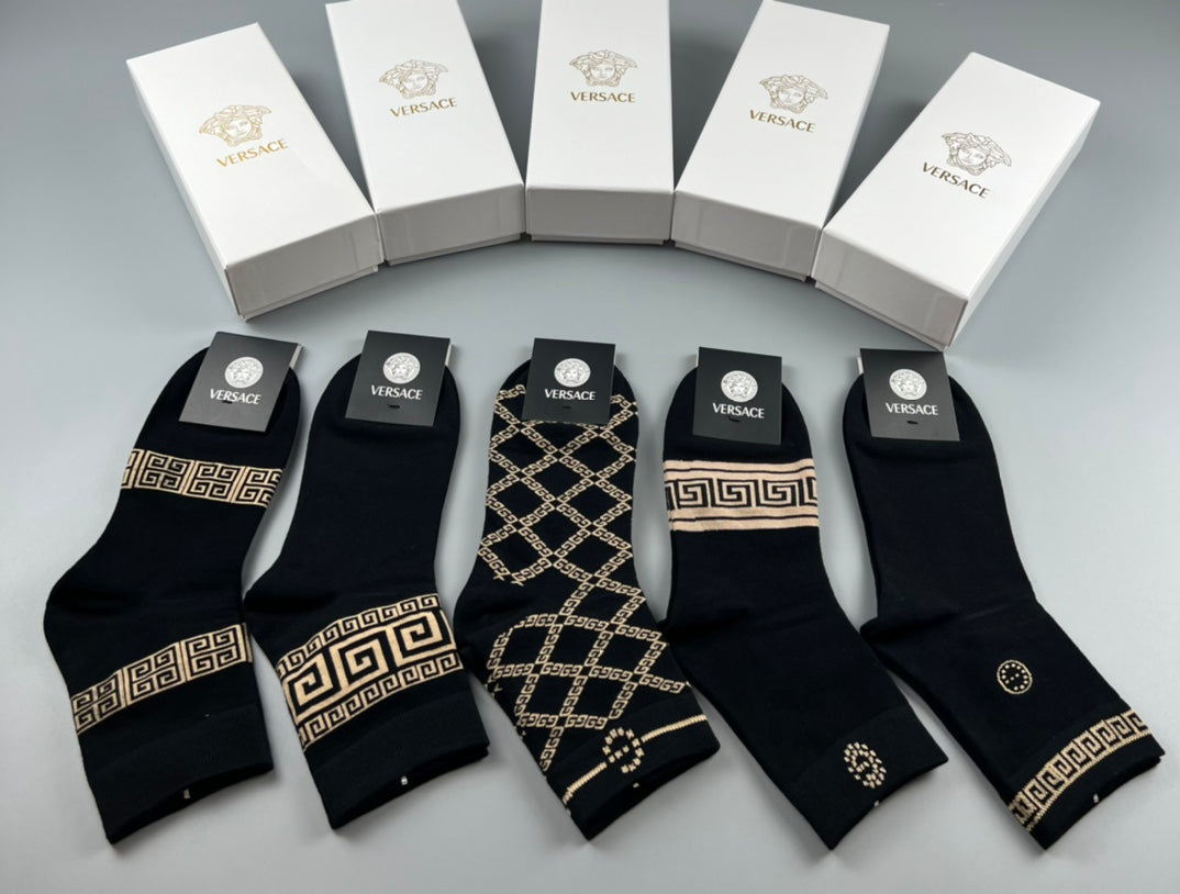 Versace Cotton blend Mixed Gold-Tone Greek-Key And Medallion Graphics Crew Socks - 5-Pair Set