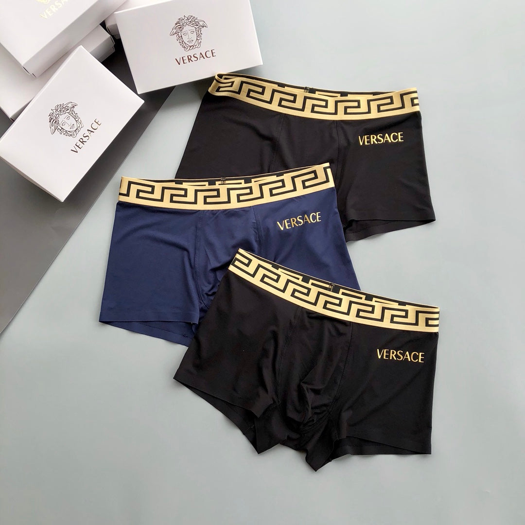 Versace Greek-Key Waistbands And Gold Lettering Men's Boxer Briefs - 3-Piece Box
