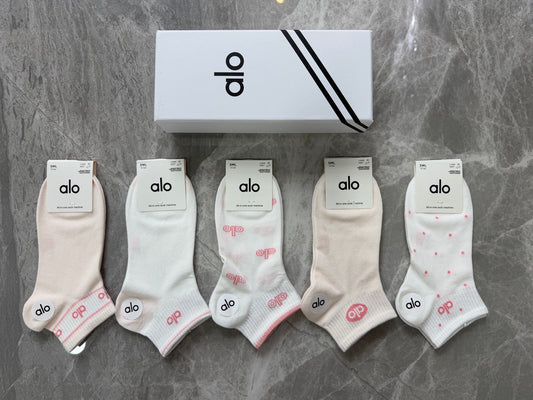 Alo Cotton Pink Accent Logos Ankle Socks - 5-Pair Set