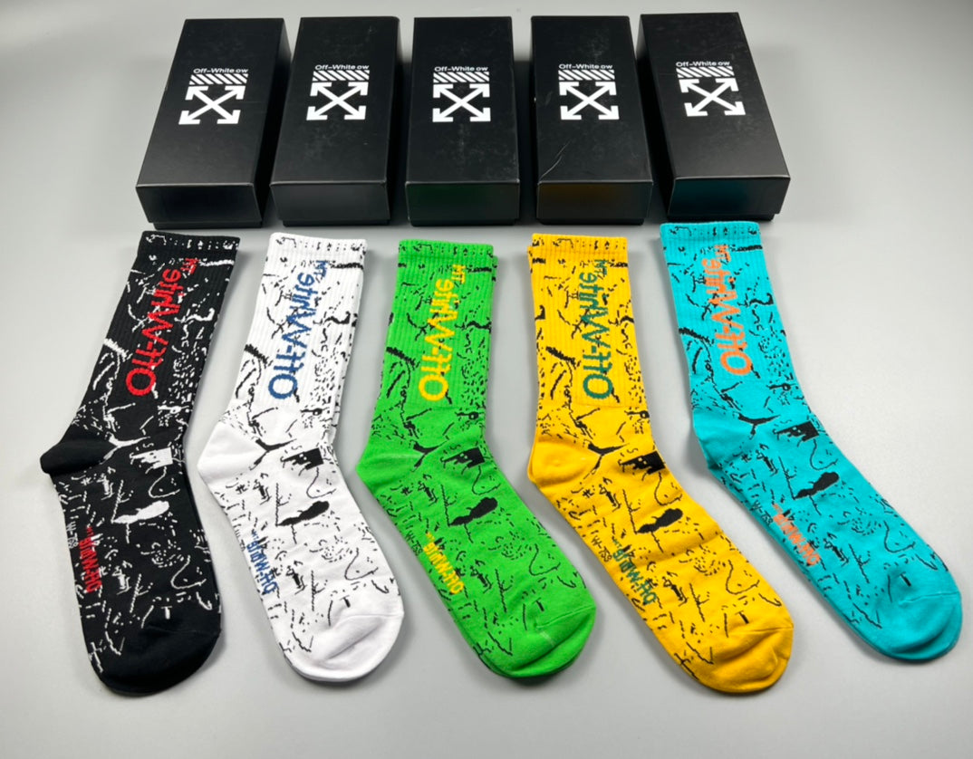 Off-White Cotton Visible Logo, Stripe Or Motif Details Crew Socks - 5-Pair Set