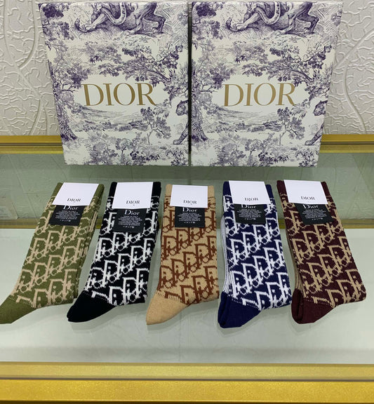 Dior Cotton Mixed All-Over Motifs Crew Socks - 5-Pair Set