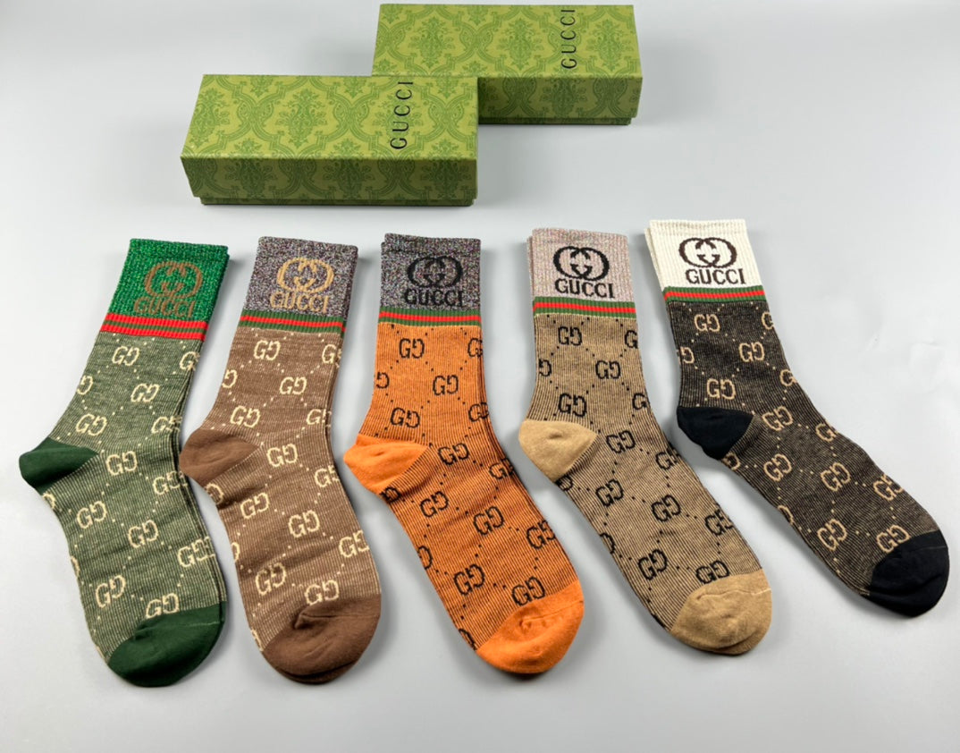 Gucci Gold-Thread Monogram Crew Socks - 5-Pair Box