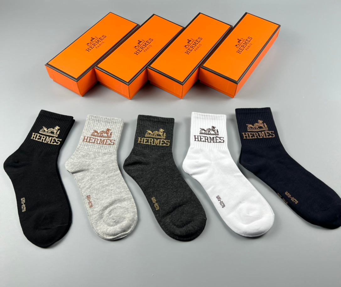 Hermes Cotton Varied Horse And Wordmark Details Crew Socks - 5-Pair Set