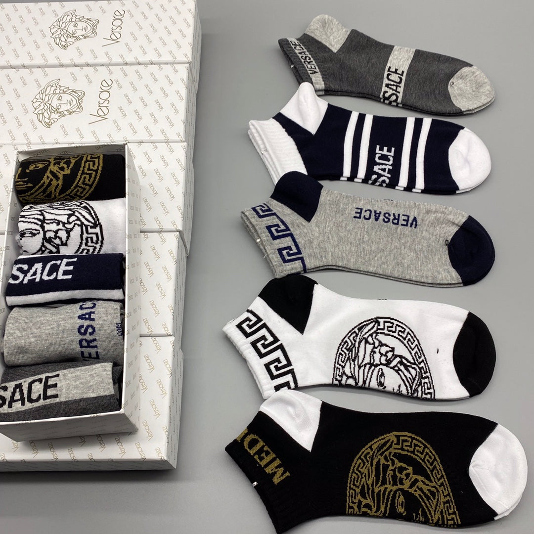 Versace Bold Medallion And Letter Graphics Ankle Socks - 5-Pair Set