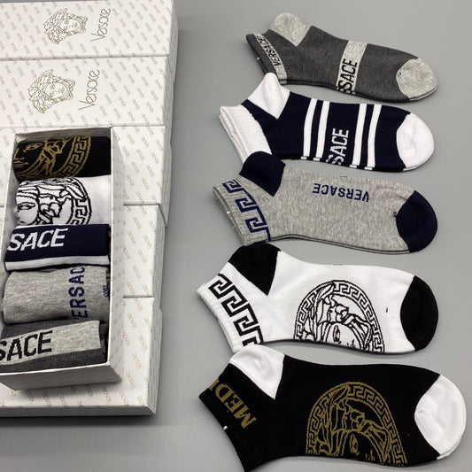 Versace Bold Medallion And Letter Graphics Ankle Socks - 5-Pair Set