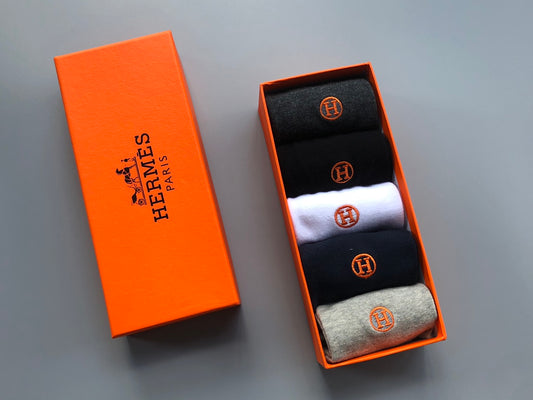 Hermes Orange Horse And Wordmark Details Crew Socks - 5-Pair Set