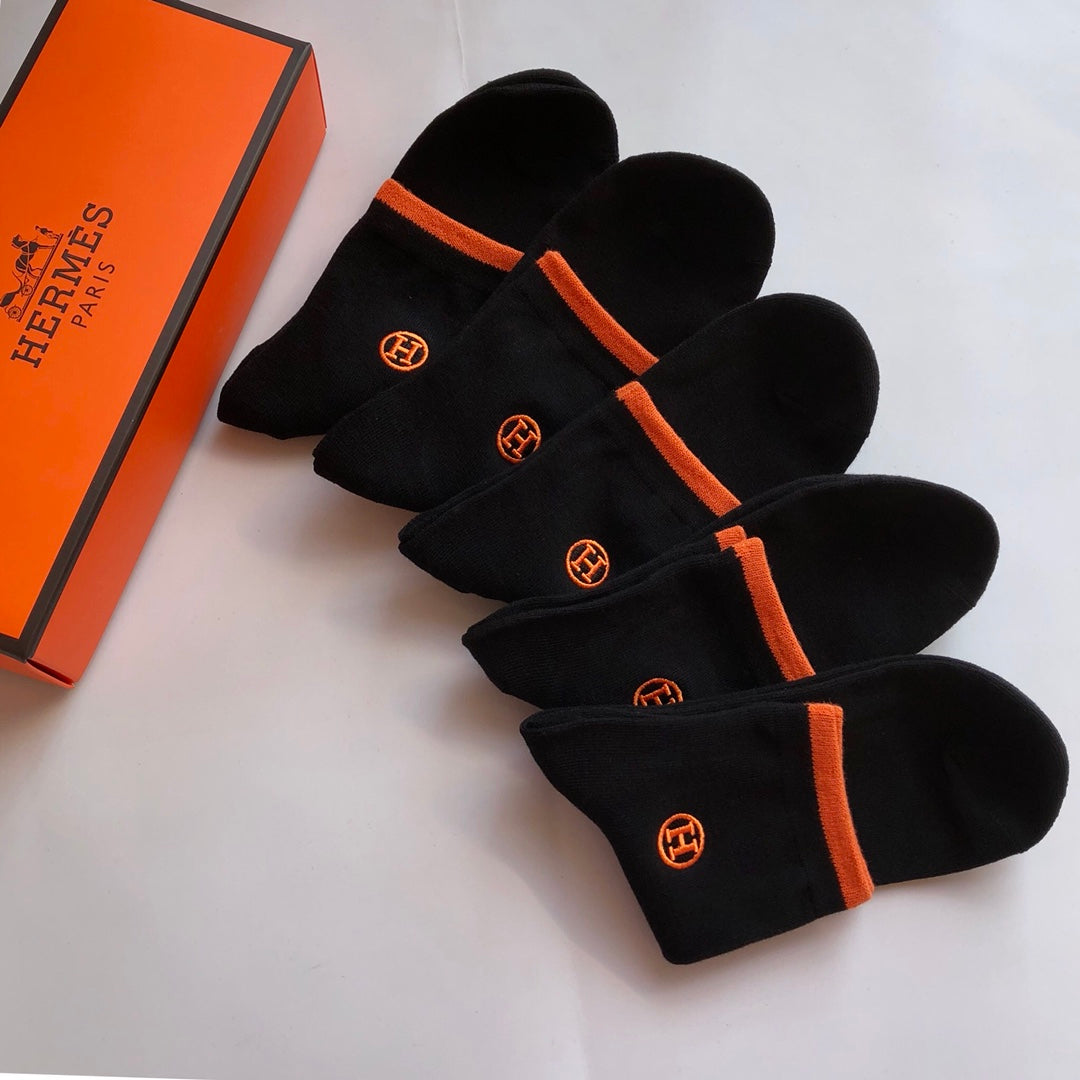 Hermes Orange Accent Mid-Calf Socks - 5-Pair Box