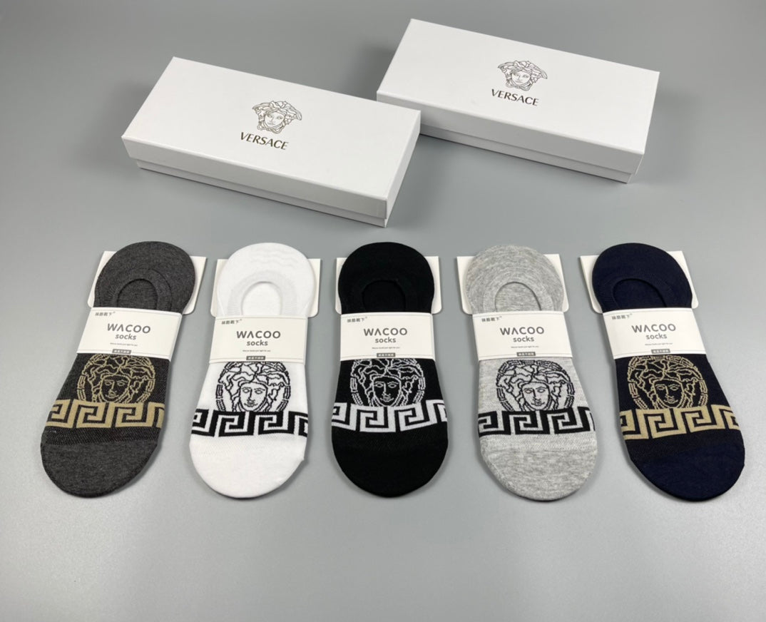Versace Cotton Visible Logo, Stripe Or Motif Details Crew Socks - 5-Pair Set