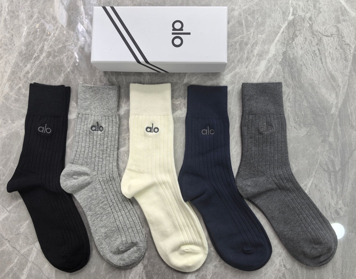 Alo Cotton Mixed Neutral Logo Detail Crew Socks - 5-Pair Set