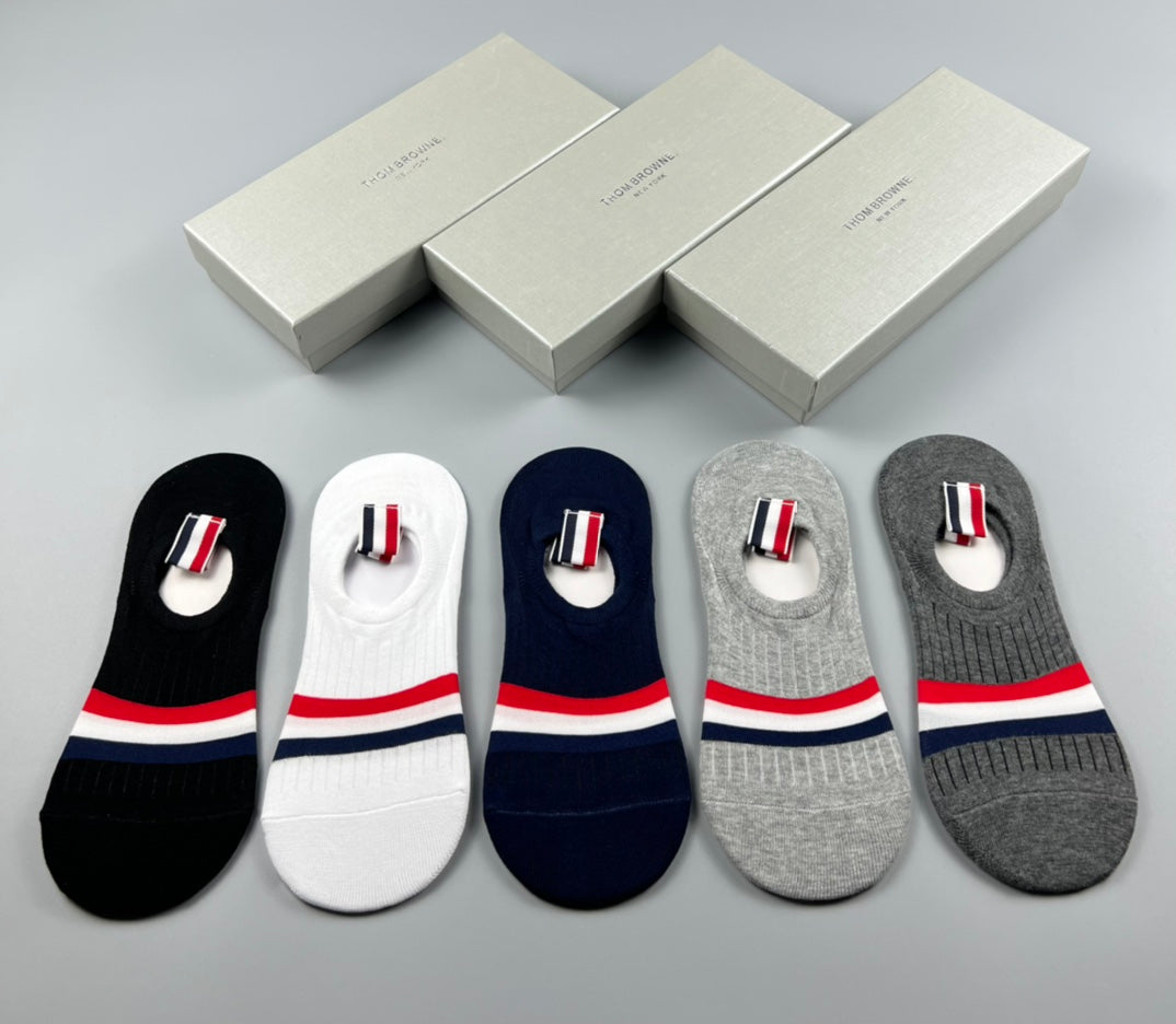Thom Browne Cotton Visible Logo, Stripe Or Motif Details No-Show Socks - 5-Pair Set