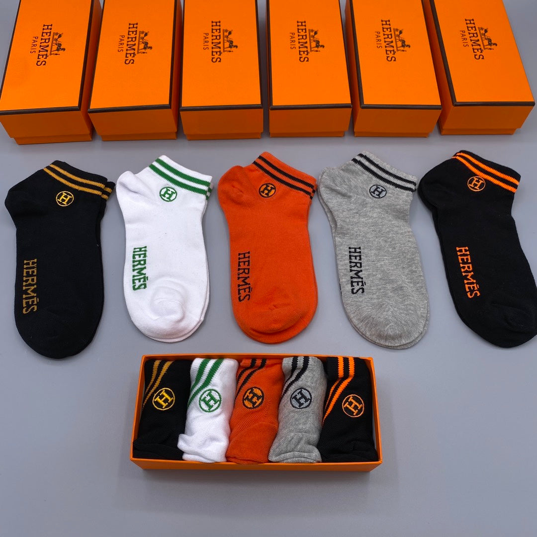 Hermes Heritage Logo Ankle Socks - Box of 5 Pairs