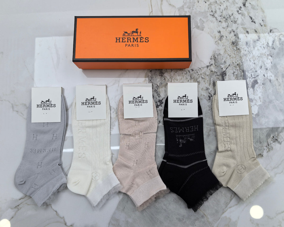 Hermes Mixed Neutral Logo Detail No-Show Socks - 5-Pair Set